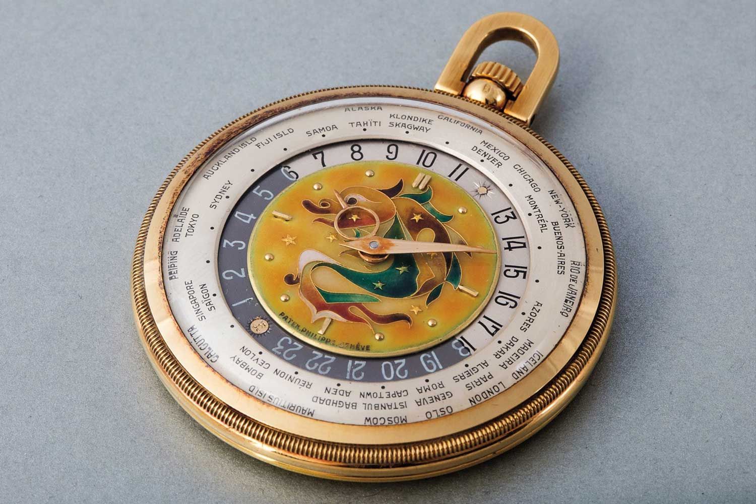 Patek Philippe ref. 605 HU with a cloisonné enamel dial depicting a mythical Dragon (Image: Phillips)