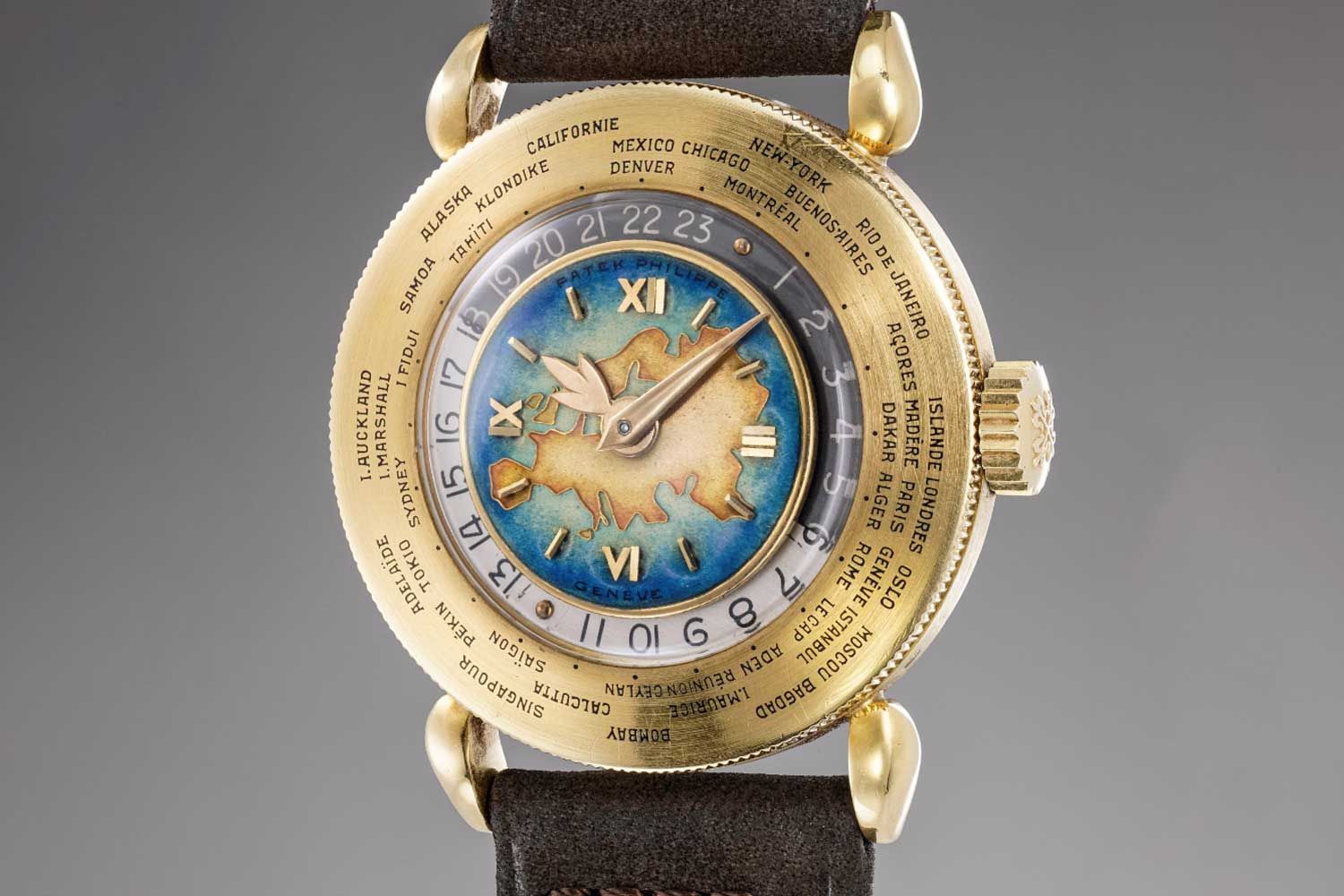 Most of the references 1415 with cloisonné enamel dials feature the European continent with only two known examples featuring a Euro-Asian or “Eurasia” map. Seen here is a rare example of the "Eurasia" polychrome cloisonné enamel dial ref. 1415 sold by Phillips in 2018 (image: Phillips)